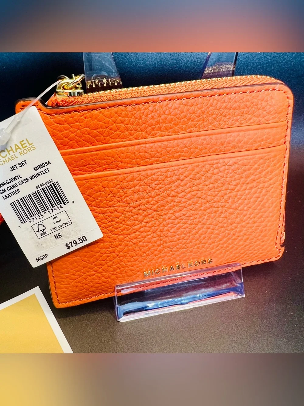 NWT Michael Kors Jet Set Leather Card Case Wristlet - Mimosa Orange/Gold